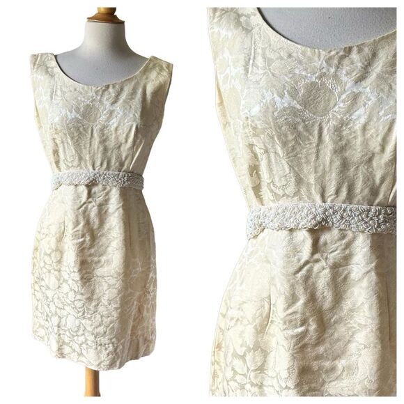Vintage Handmade 1970s Brocade Ivory Mini Wedding Dress with Beaded Belt - Picture 1 of 10